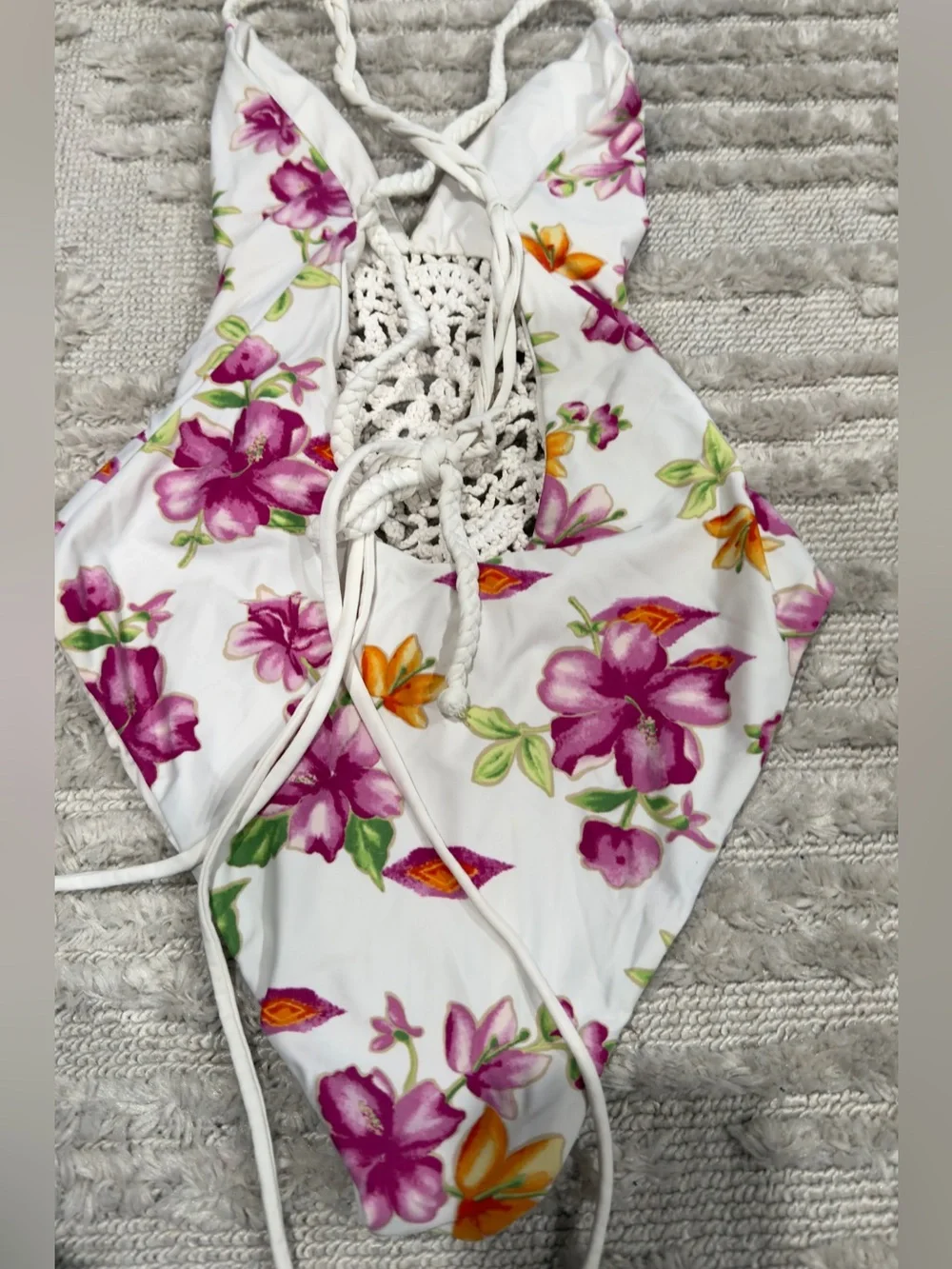 Frankie's Bikinis White Floral One-Piece with Crochet Detail
